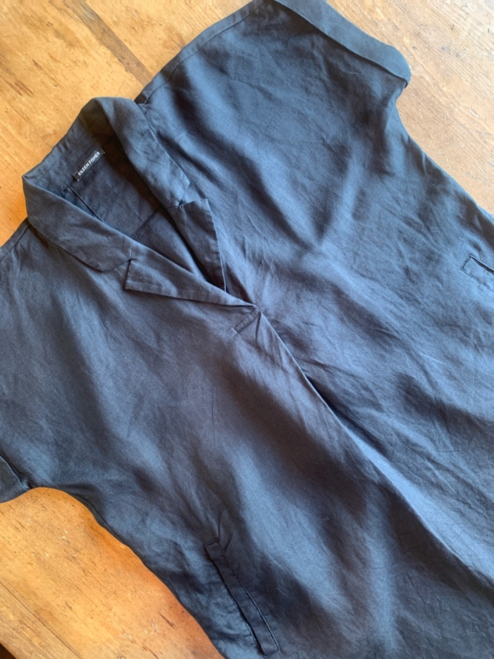 Eileen Fisher Black Short-Sleeve Linen  Button Down Dress - Picture 7 of 16